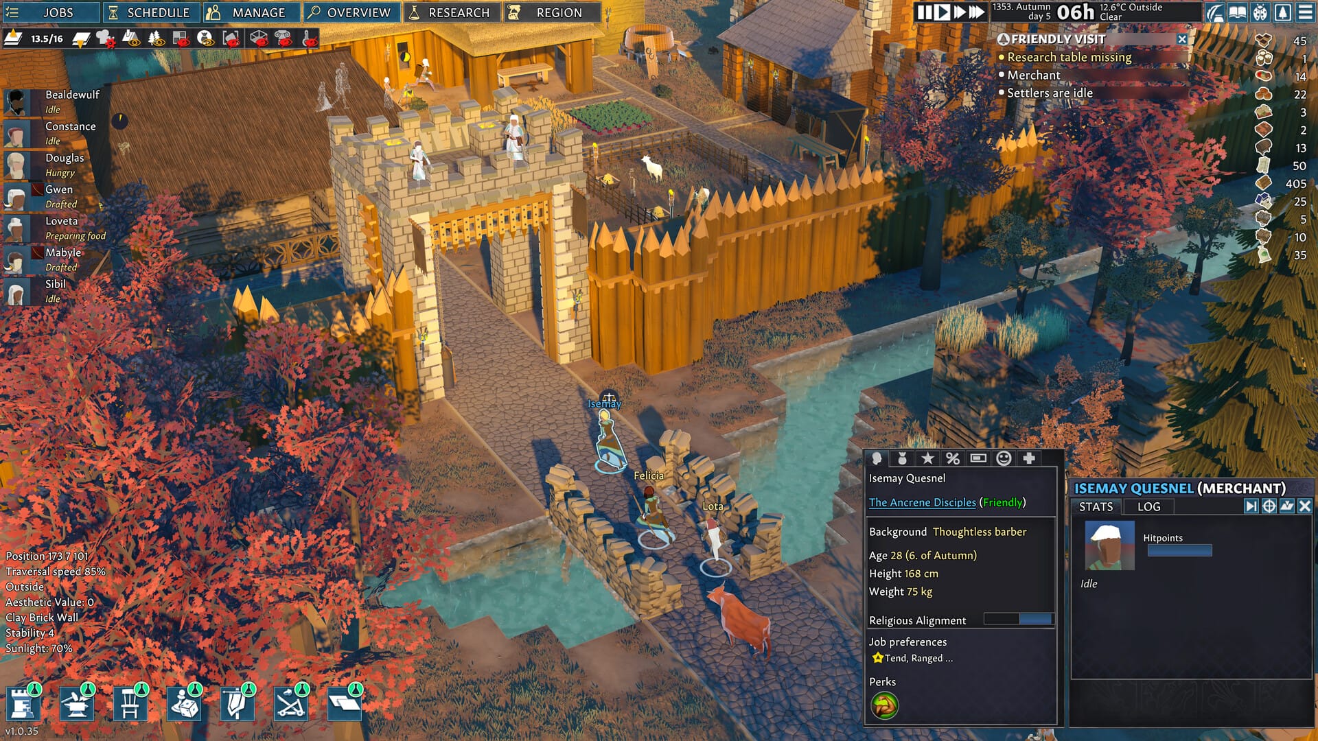 Some peasants cross a bridge to enter through a stone gate and into a city surrounded by trees and a wooden fence.