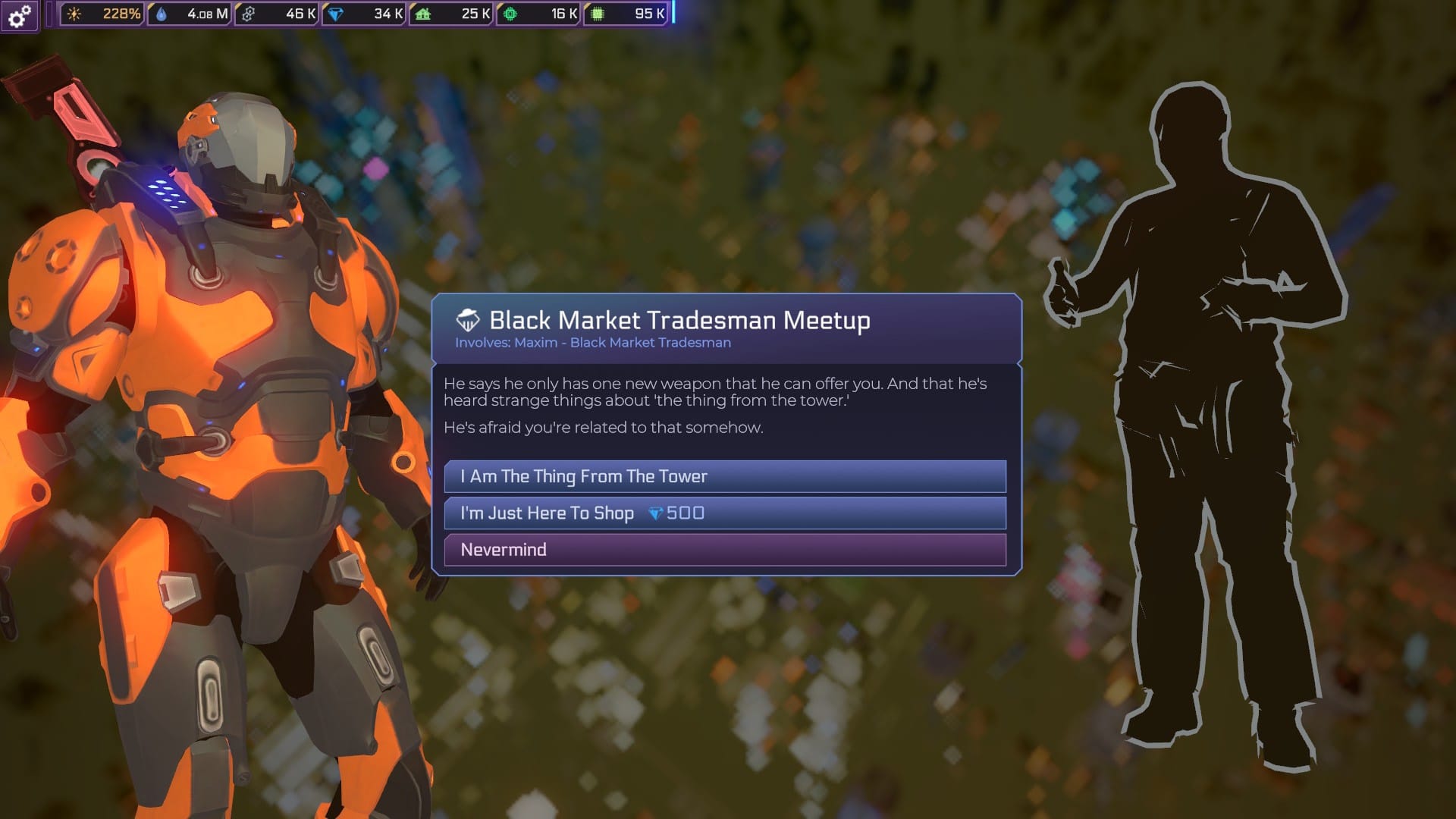 A huge android disguised as a human in heavy orange armour stands opposite a human silhouette. Event is titled "Black Market Tradesman Meetup", offering the options "I Am The Thing From The Tower", "I'm Just Here To Shop", and "Nevermind". The event itself reads "He says he only has one new weapon that he can offer you. And that he's heard strange things about 'the thing from the tower'. He's afraid you're related to that somehow."