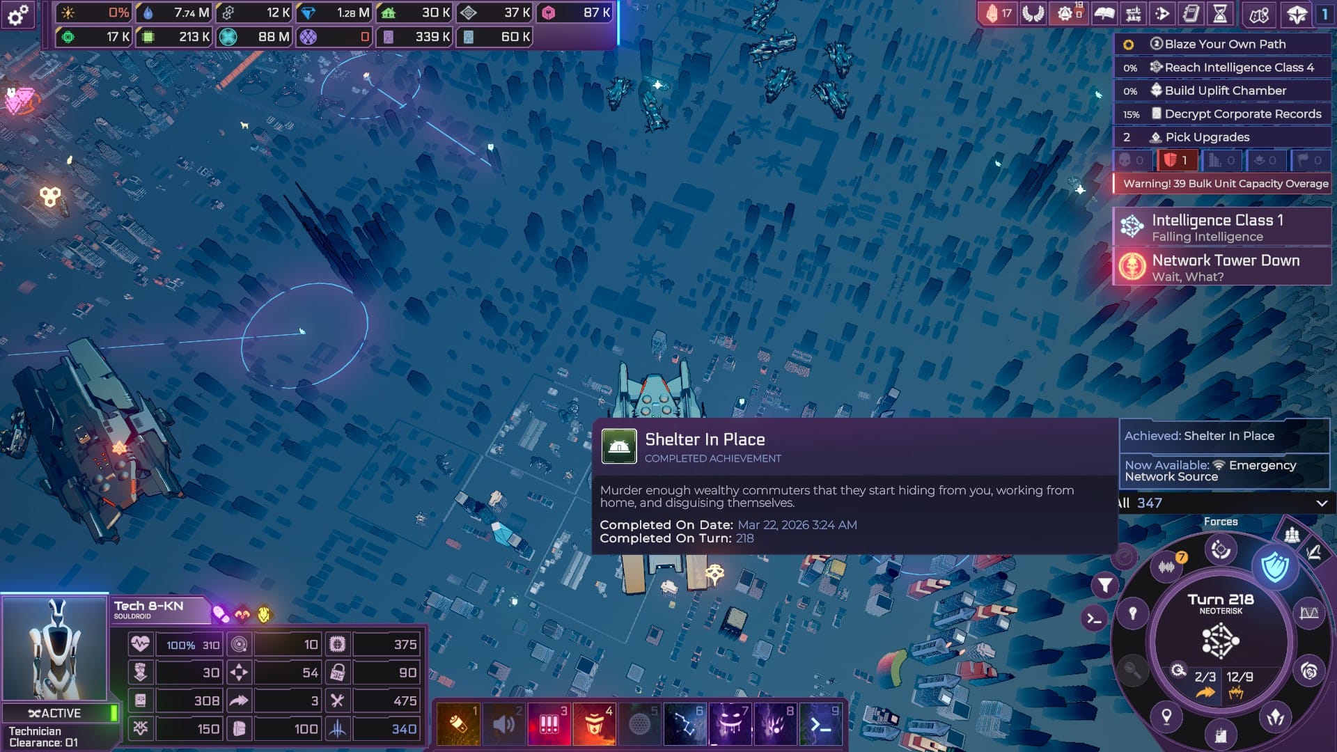 Aerial view of the city, with lots of information, the most prominent an (ugh) 'acheivement' reading "Mruder enough wealthy commuters that they start hiding from you, working from home, and disgusing themselves". A notable side panel reads "Network Tower Down. Wait, What?"