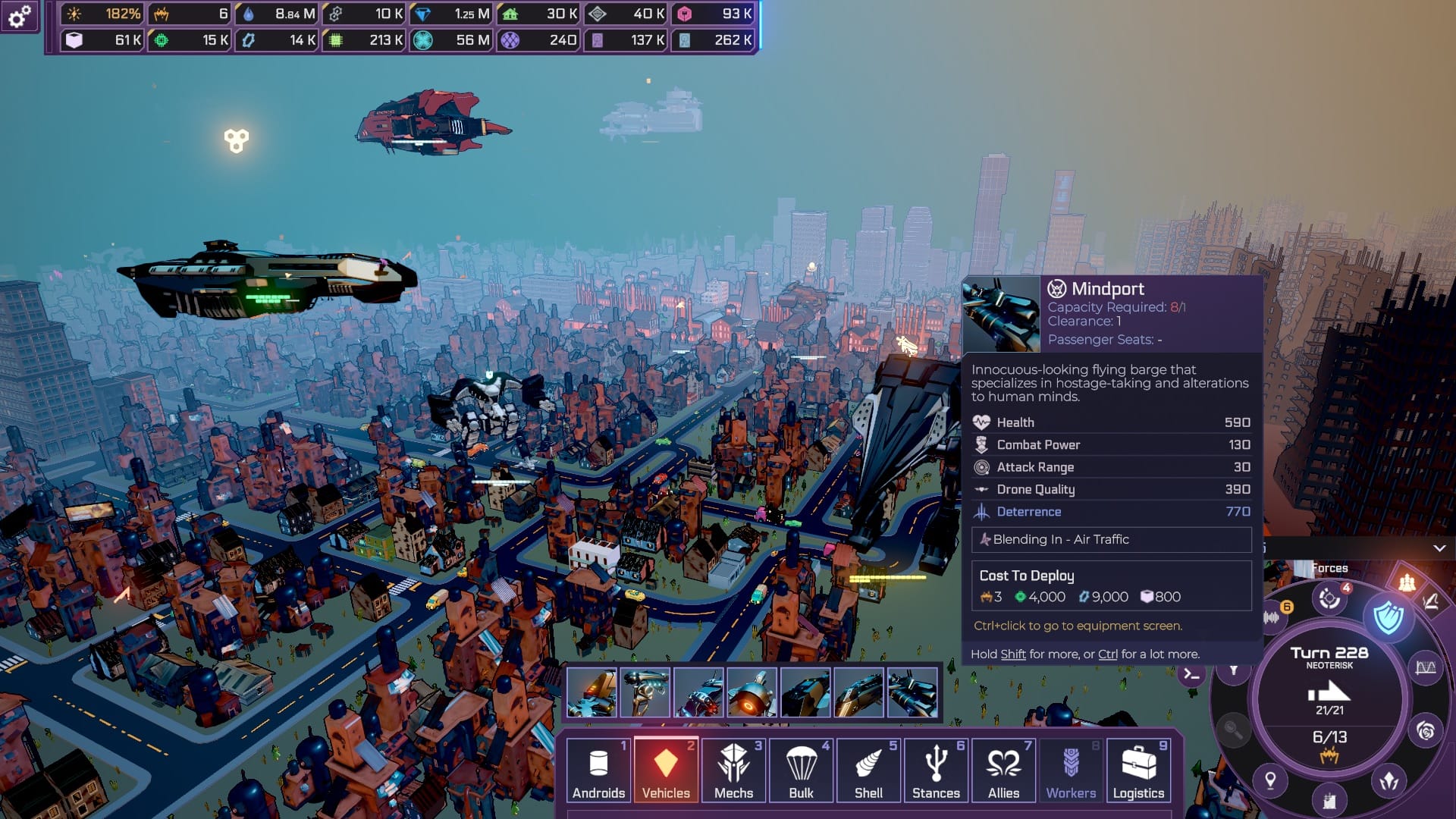Looking down on the slums and skyscrapers of the city, with giant military carriers hovering overhead and several mechs, considerably larger than the buildings. A vehicle construction panel hovers in the corner, displaying something called "Mindport", described as "Innocuous-looking flying barge that specializes in hostage-taking and alterations to human minds".