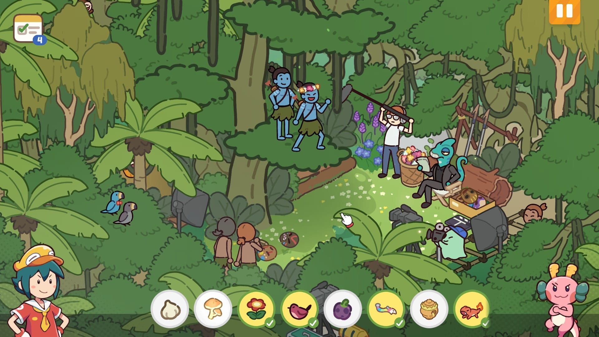 Two people painted blue stand in a jungle while a camera crew films them. The director is a lizard and a ghost controls the camera.