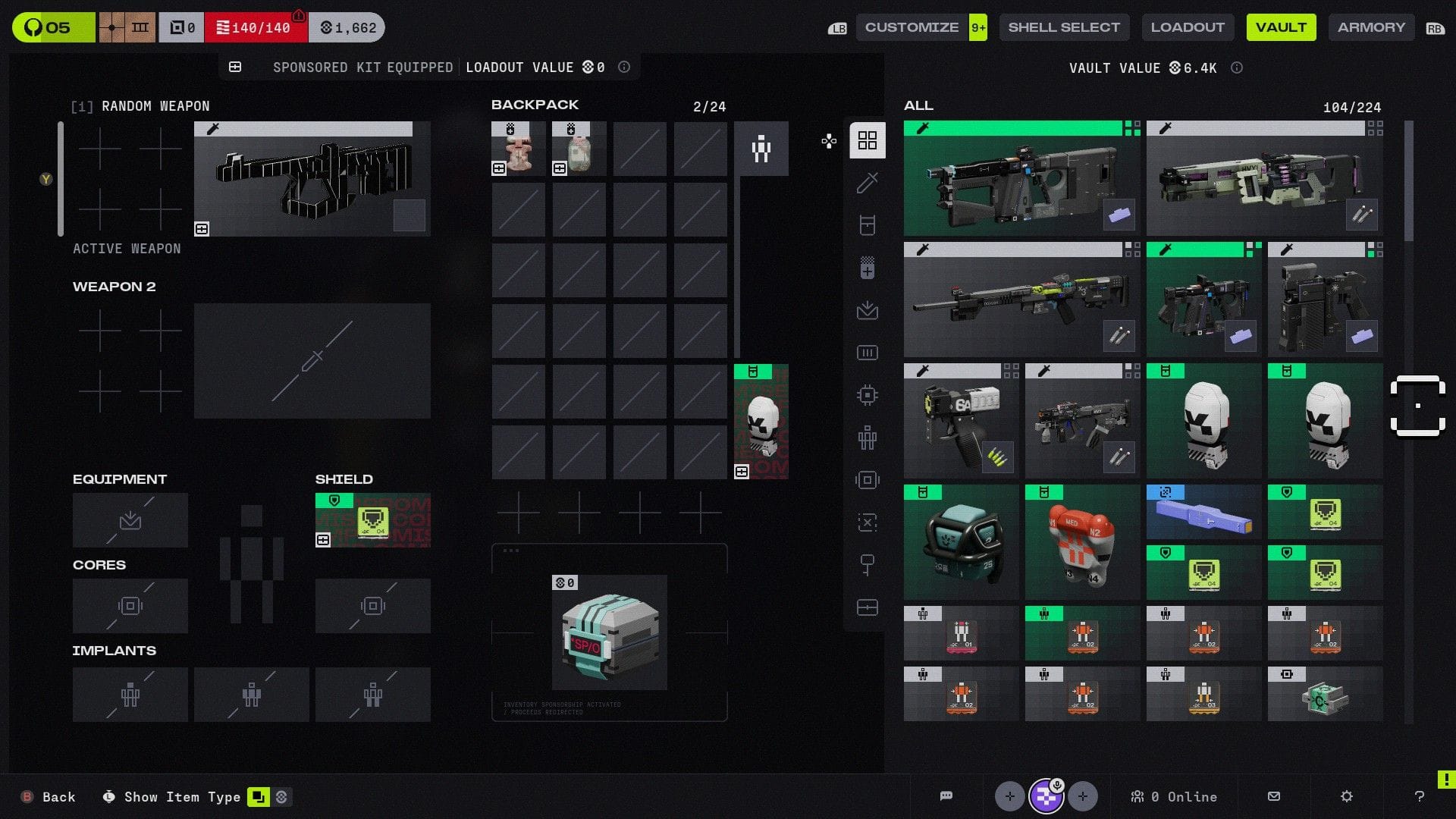 A boxy, grey menu screen in Marathon, showing the player's vault full of guns and other items.