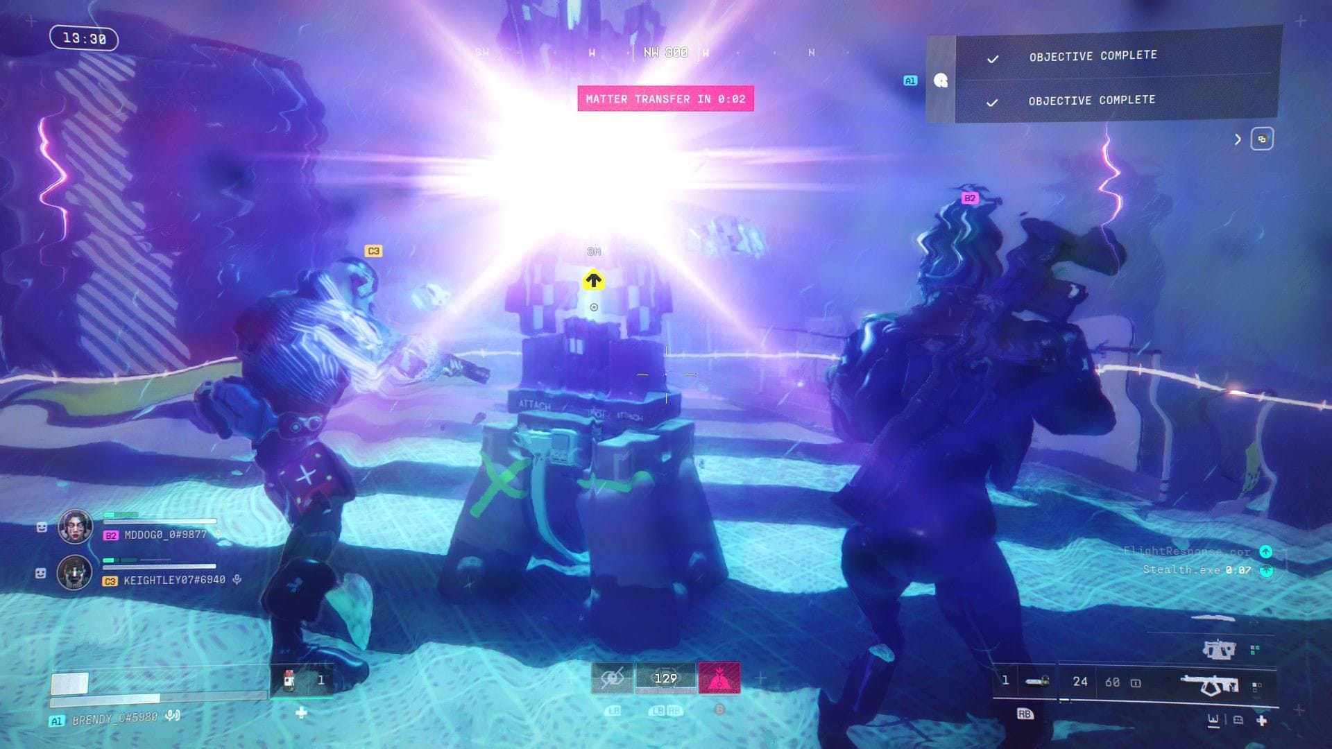 Two fighters wait for an extraction point to take them off the field of battle, as it beams a bright light.