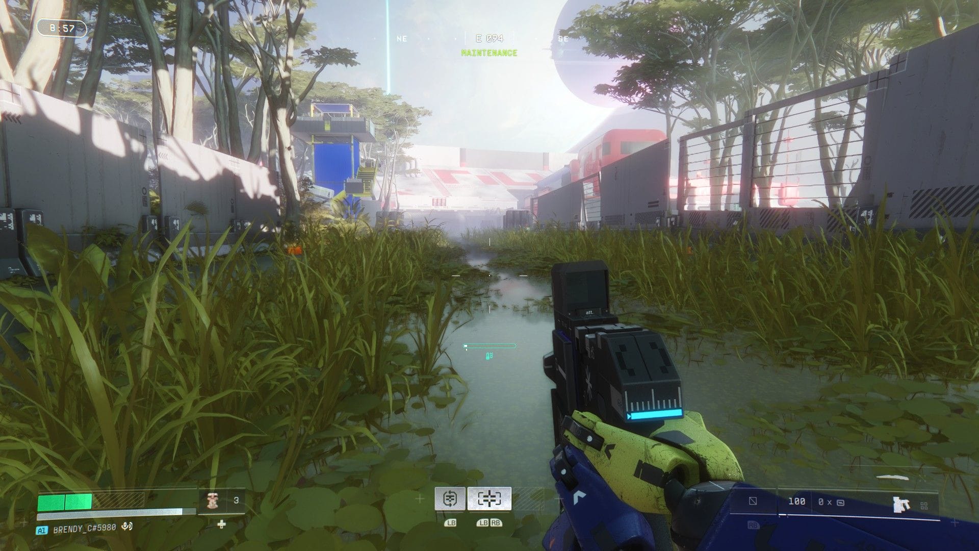 The player wades through a swampy area surrounded by white walls, as a planet hangs in the sky overhead.