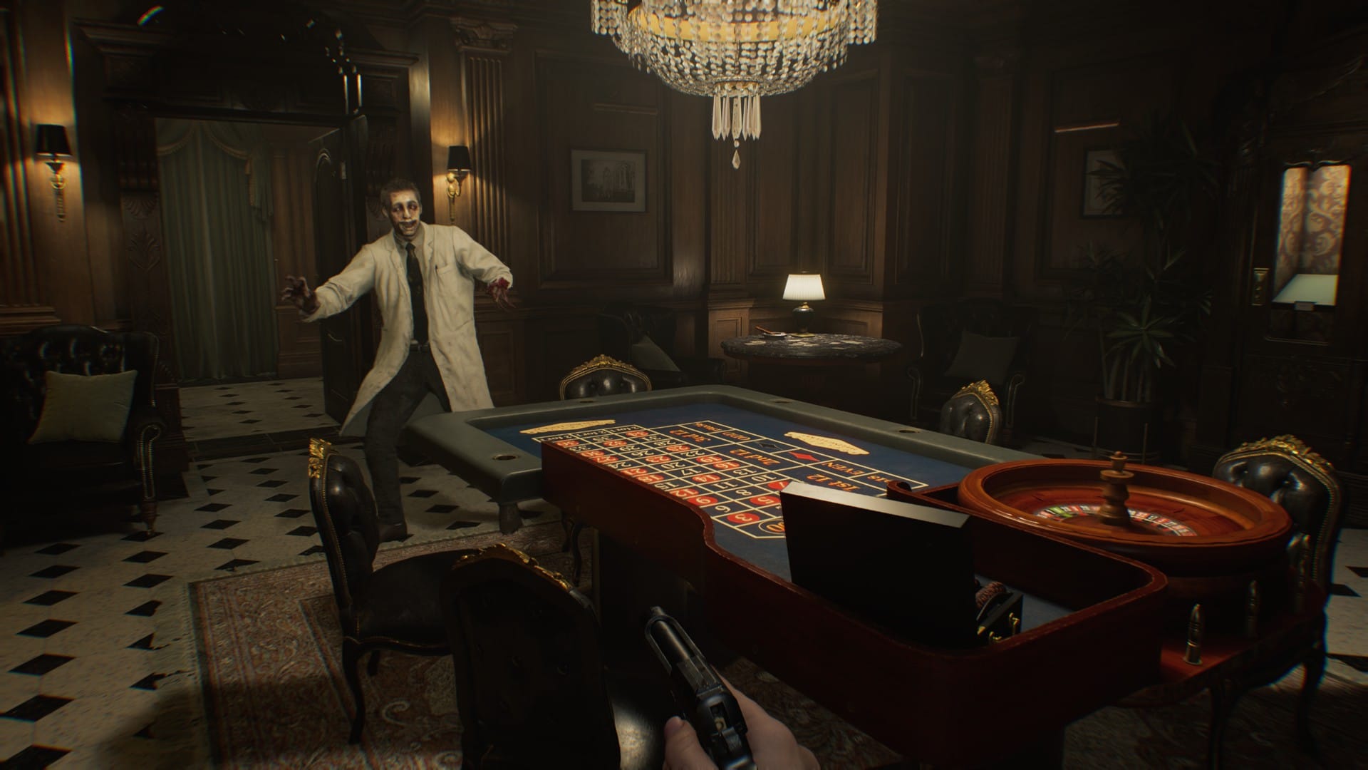 The player faces a zombie across a roulette table.