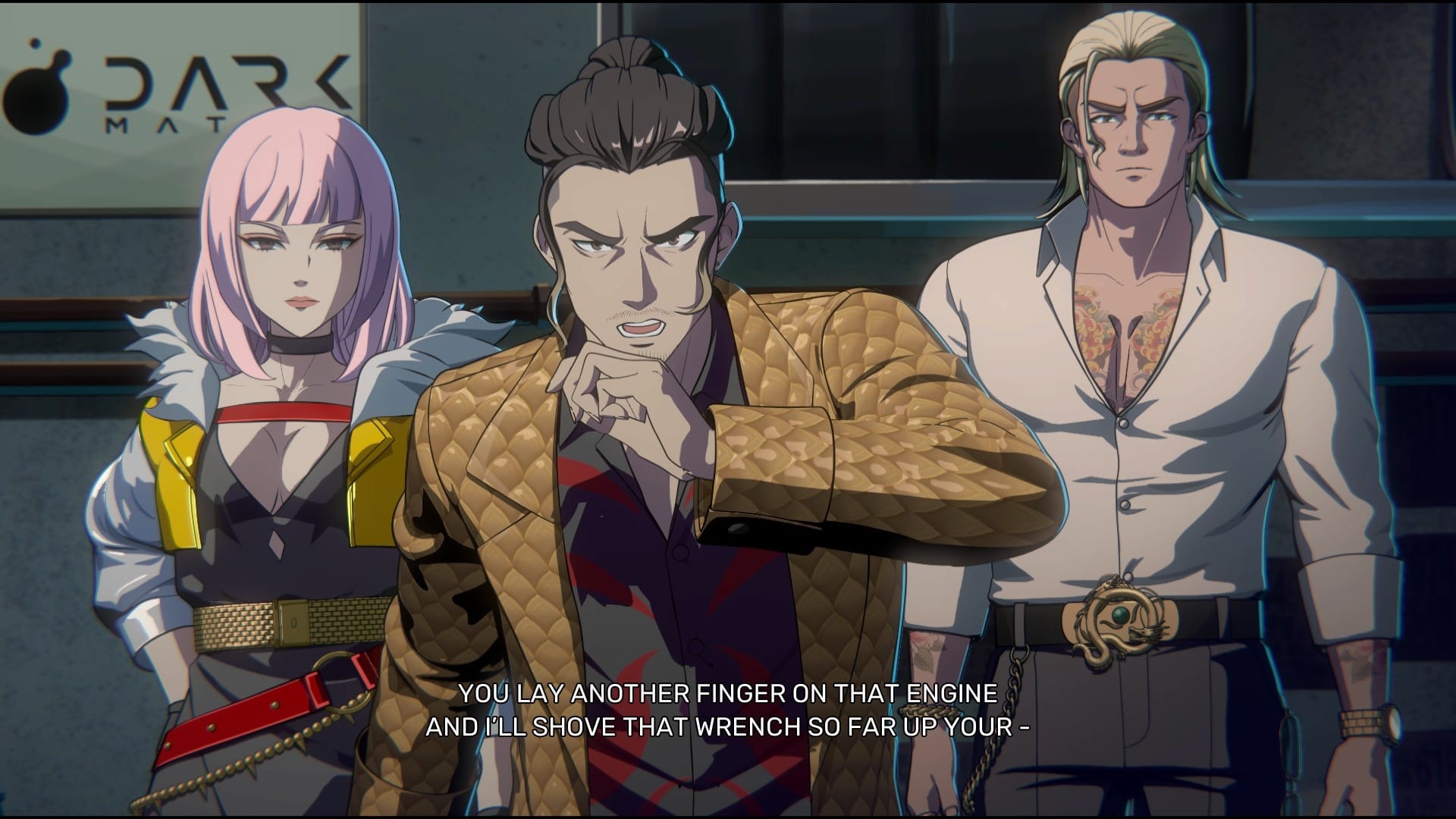 Three drivers from Screamer, one wearing a snakeskin jacket, one with his shirt open, all three dressed like they're going clubbing.