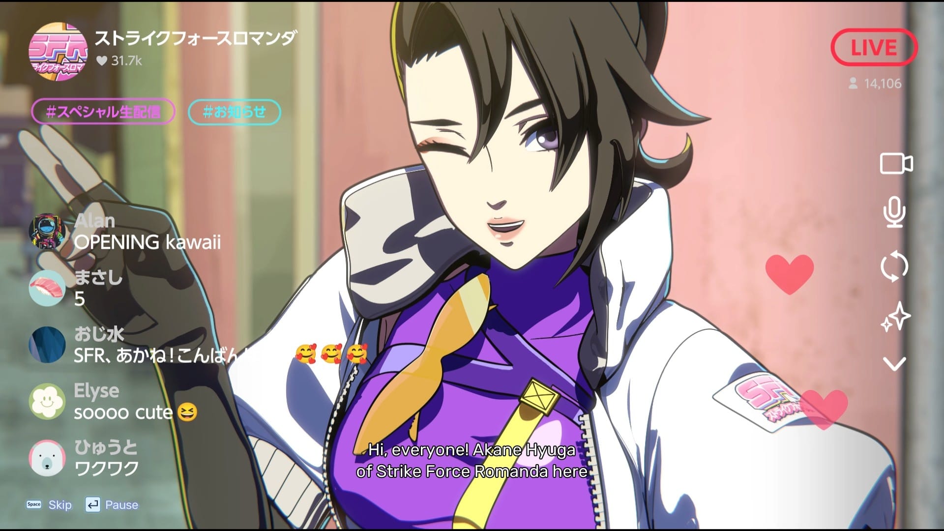 A woman with a purple top and white jacket winks and makes a peace sign on a livestream, with hearts and chat comments from the audience visible alongside.