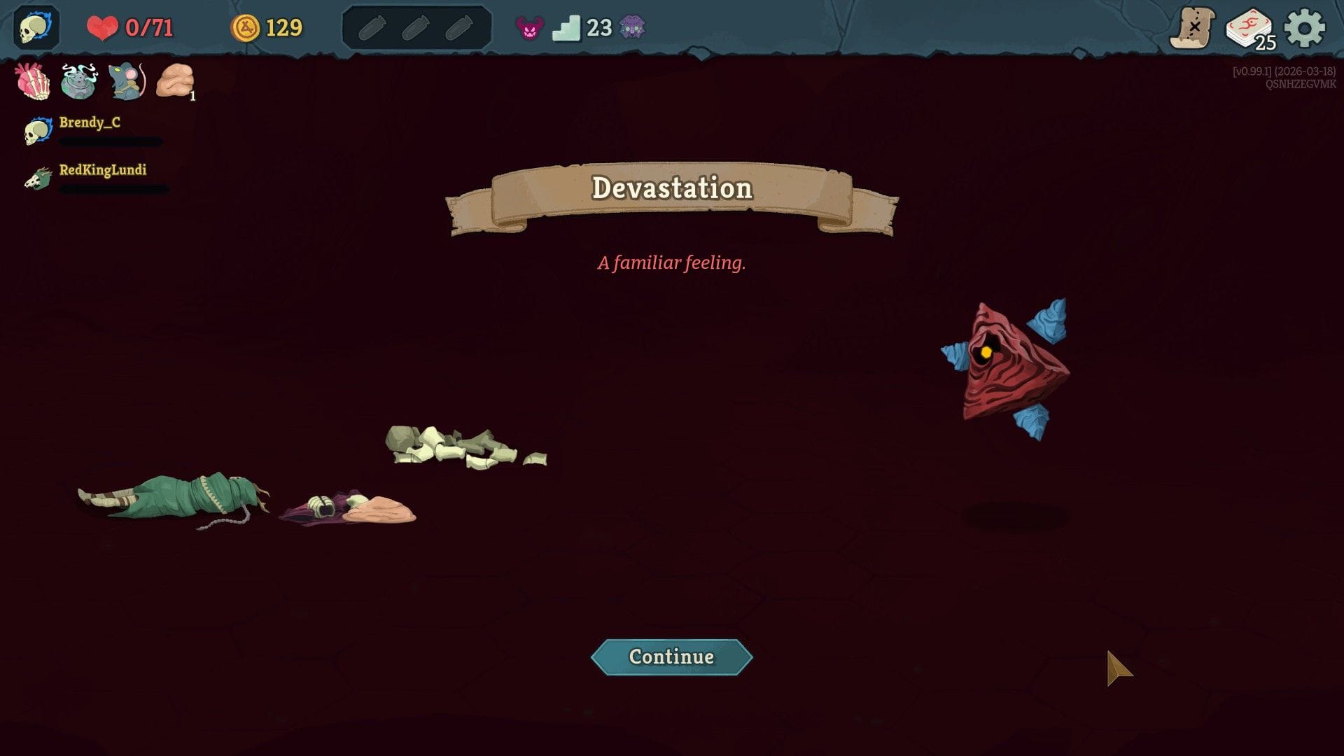 Two players lie dead at the feet of a boss, with the word "Devastation" appearing above them.
