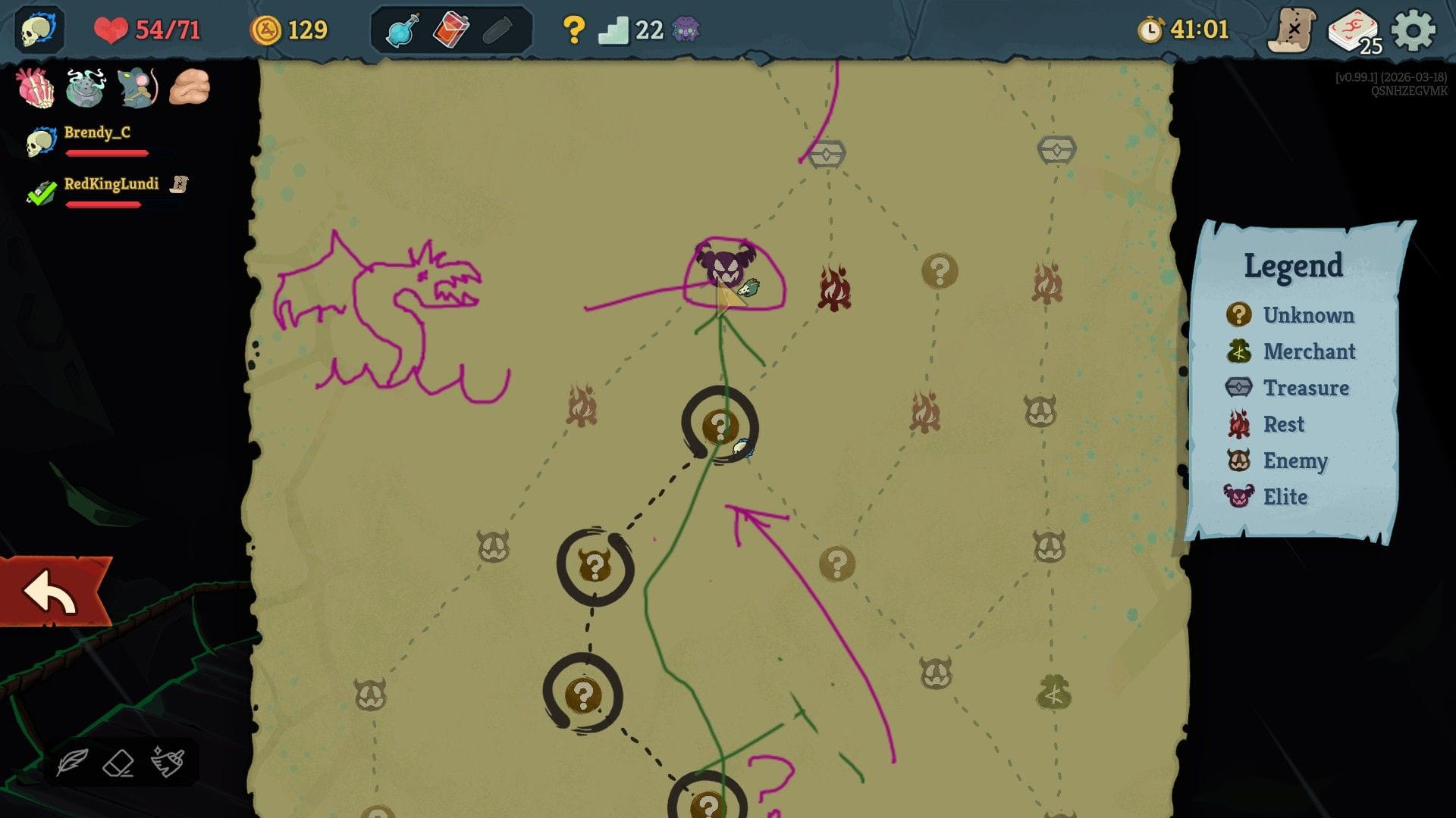 A map of a dungeon with purple and green lines drawn on by the two co-op players, and a crude picture of a dragon.