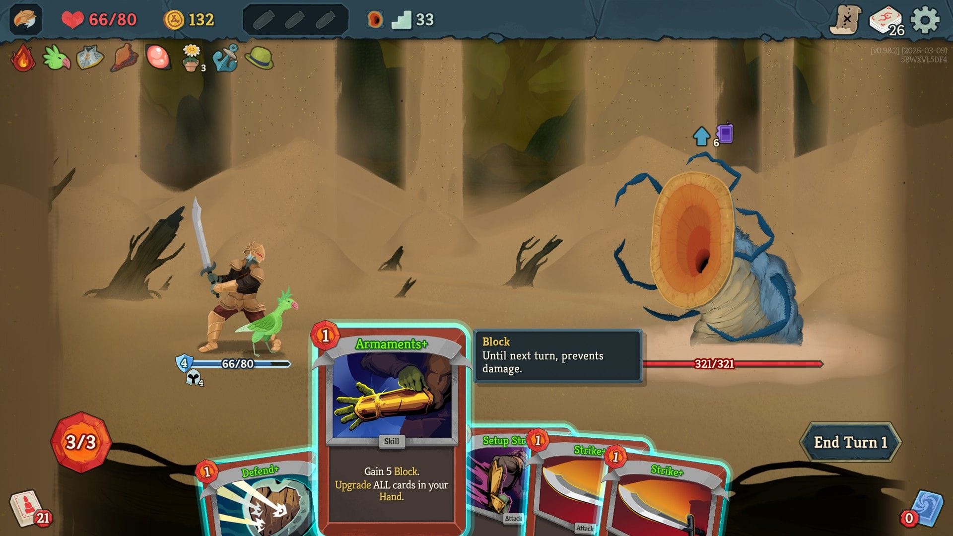 A sand worm with a gaping mouth faces the player character, a swordsman in armour.