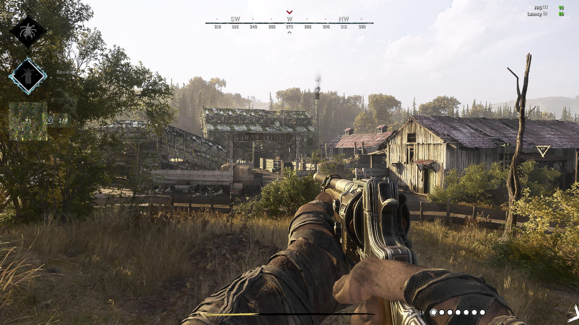 A Hunt screenshot showing the player approaching a rundown settlement.