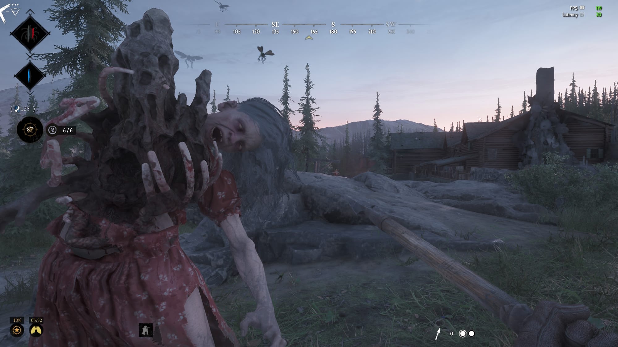 The player swings a tool at a zombie with a beehive growing out of her ribcage.