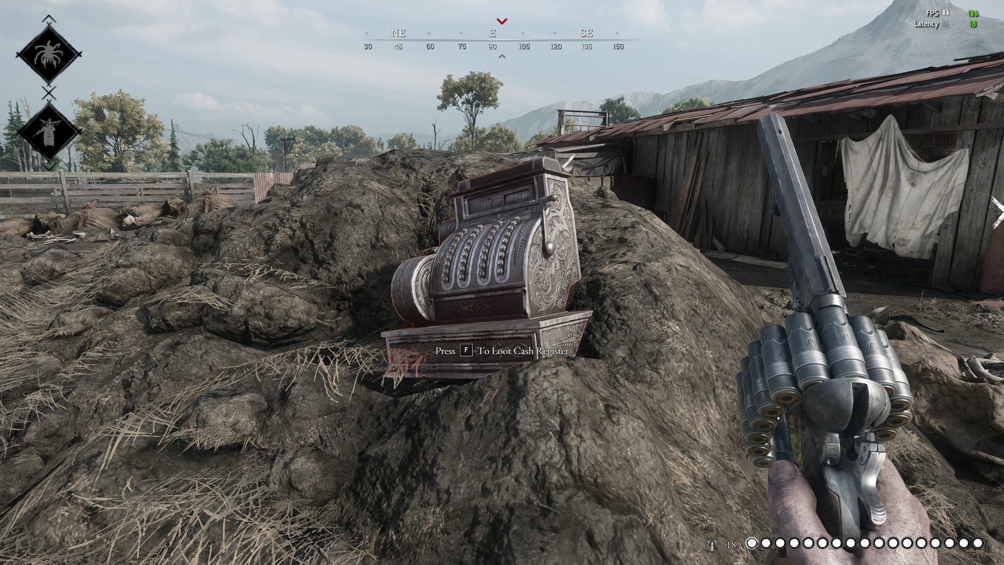 The player shooting a cash register left in a pile of manure.