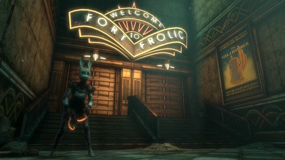A bunny eared enemy with hooks waits outside the doors to Fort Frolic.