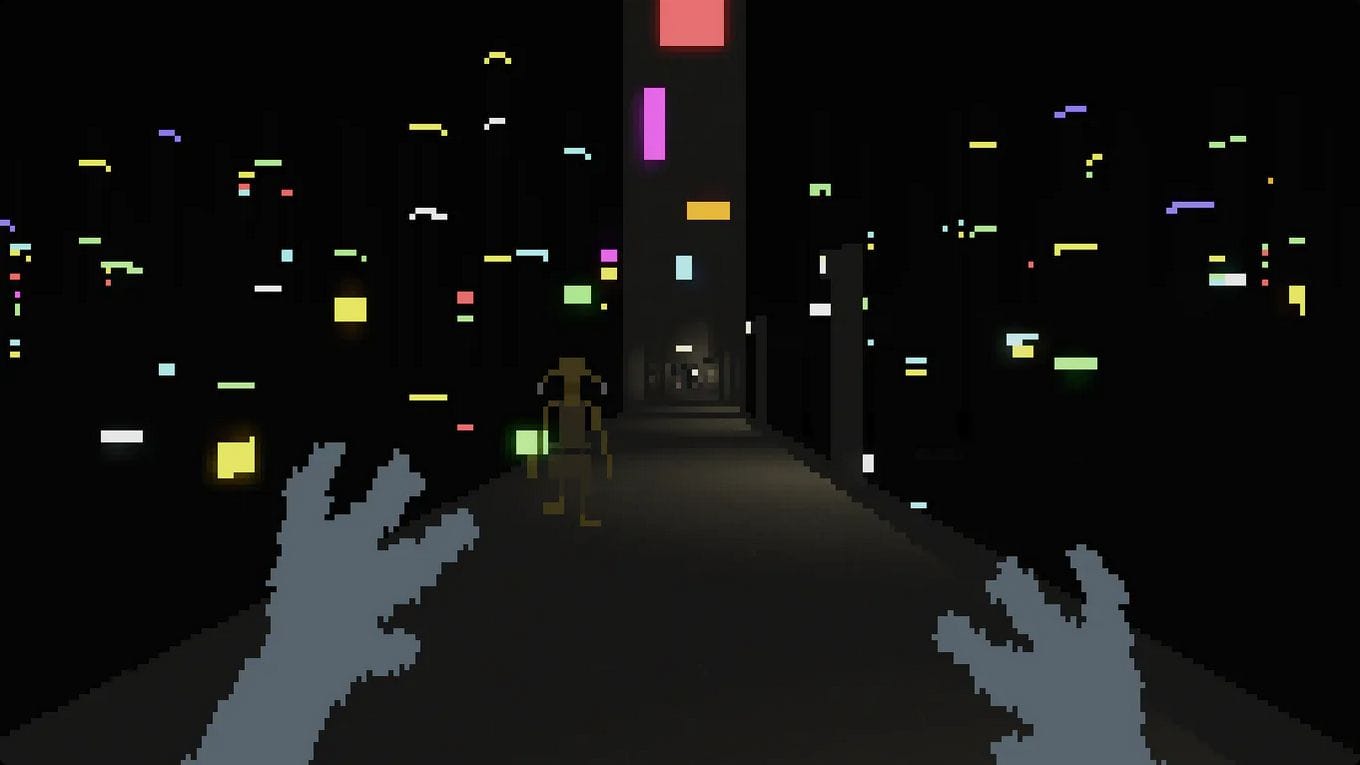 The alien player shows their hands as they navigate a twinkling walkway. 
