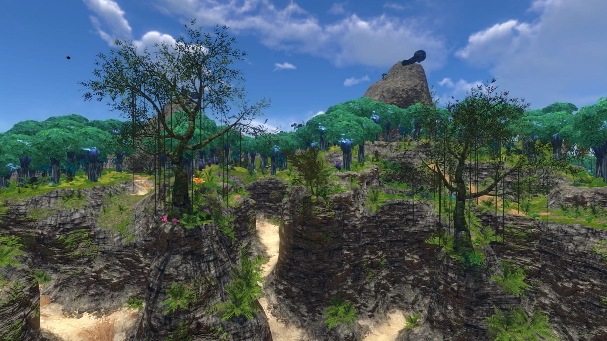 The blue trunked trees of a small jungle island hide a hill with a ruined observatory on top.