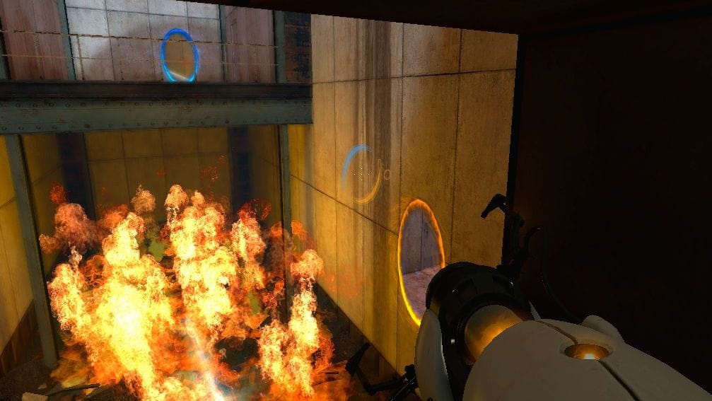 The player faces a pit full of fire.