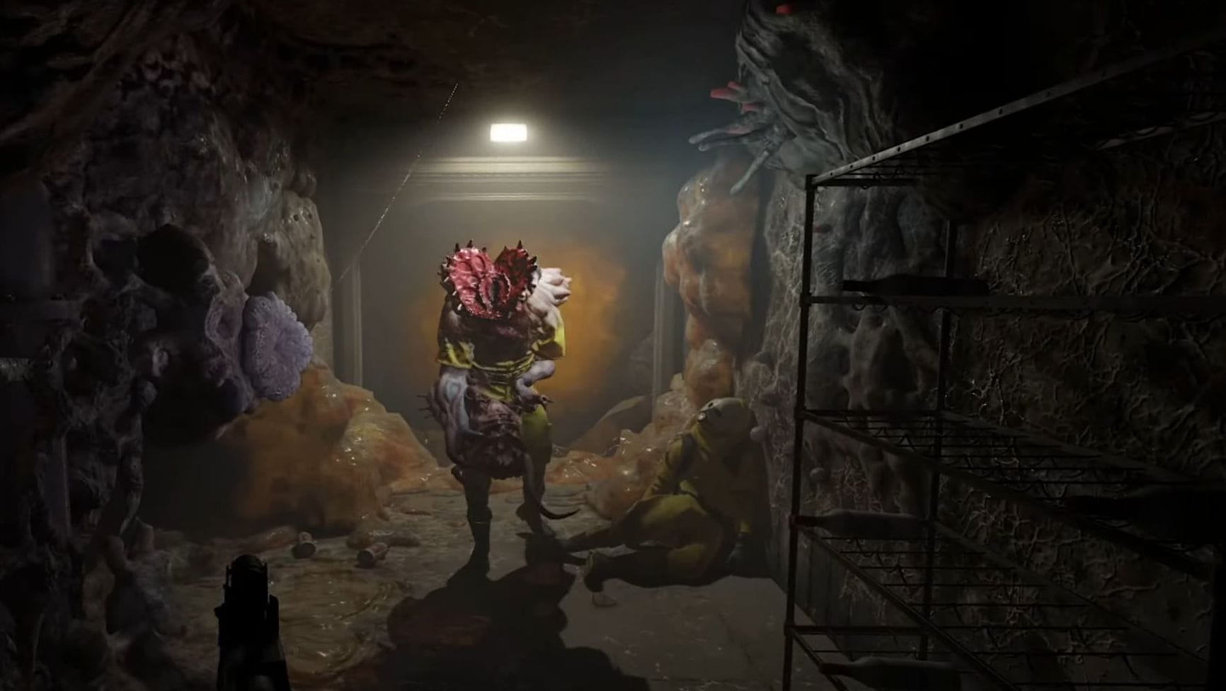 A monster with a fleshy venus flytrap head stands in a mouldy corridor.