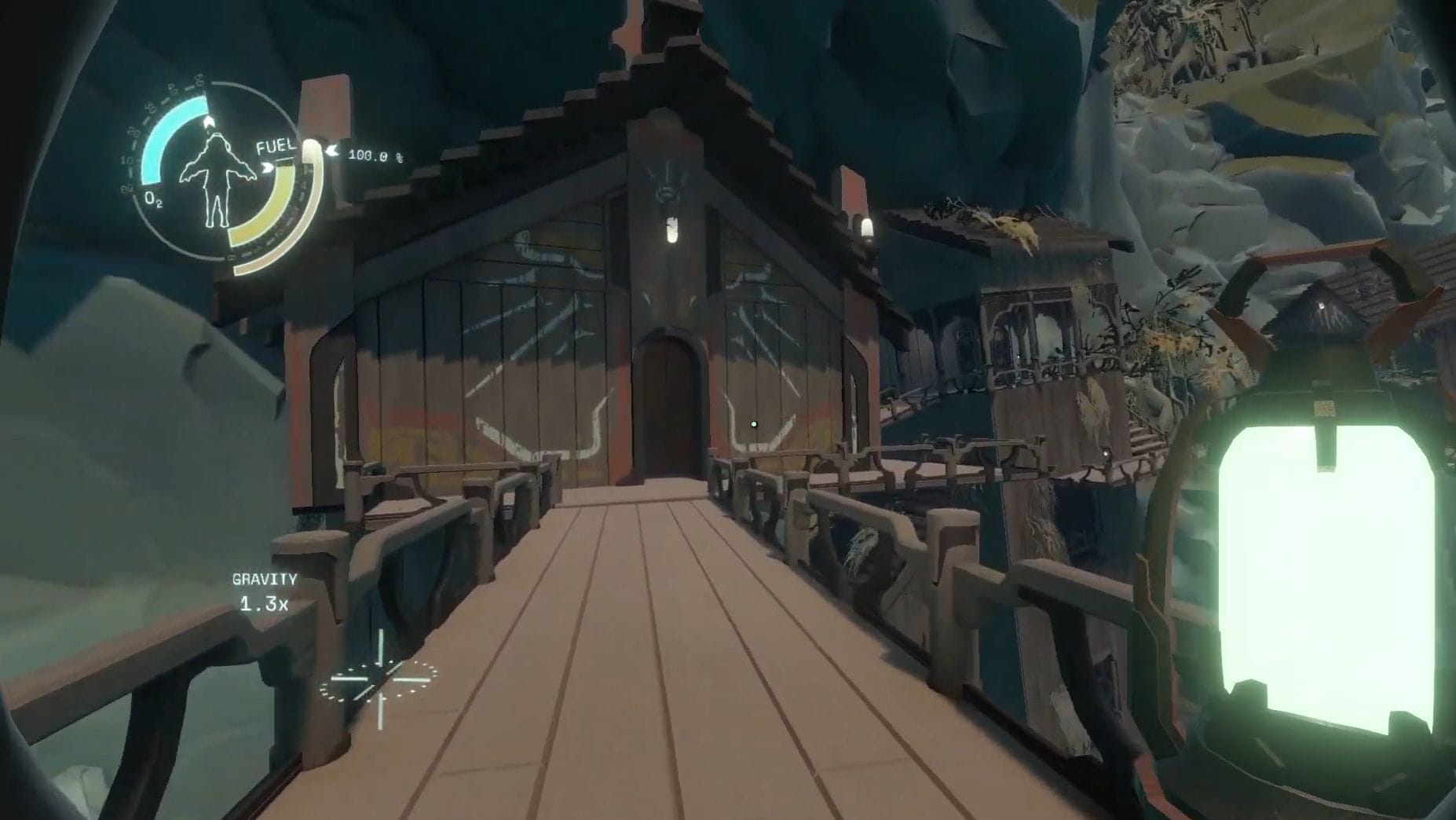 A wood cabin with tribalistic pain tmarks stands in front of the player.