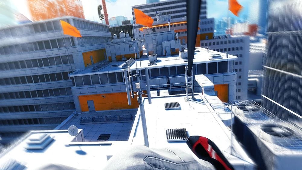 A bright white cityscape with the player descending a zip line.