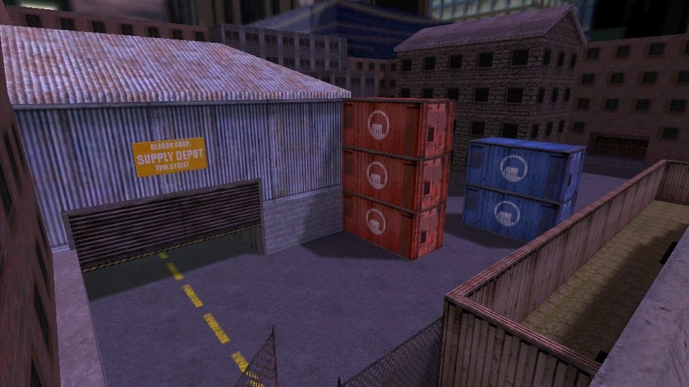 Some shipping containers block the way in a Counter-Strike map.