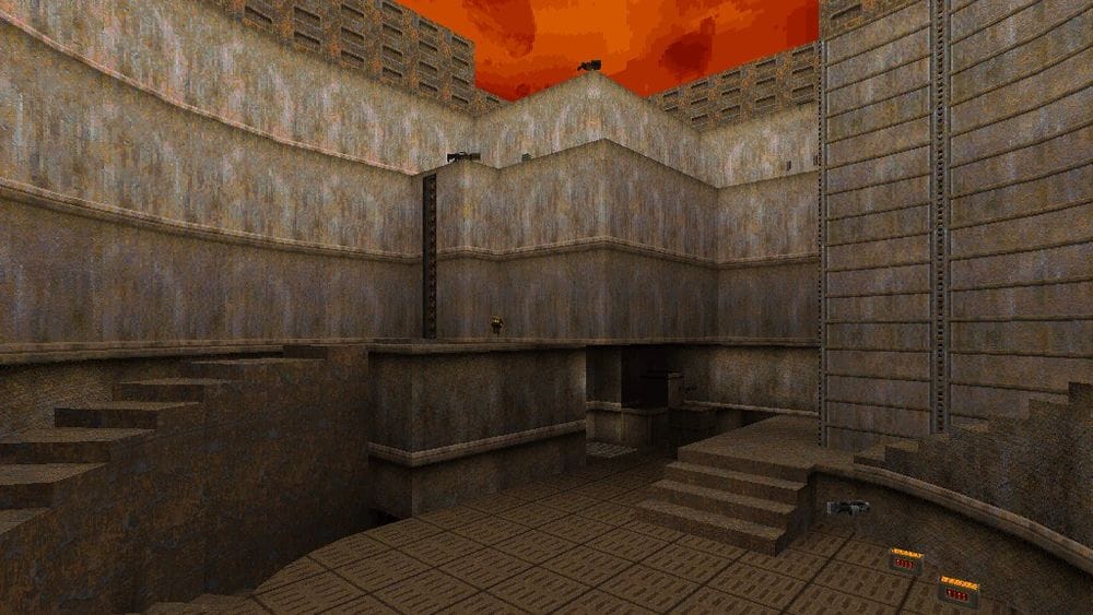 A circular chamber with a hellish orange sky.