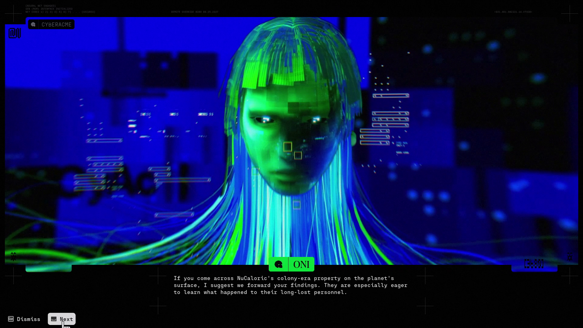 A green hologram computer woman against a blue background.