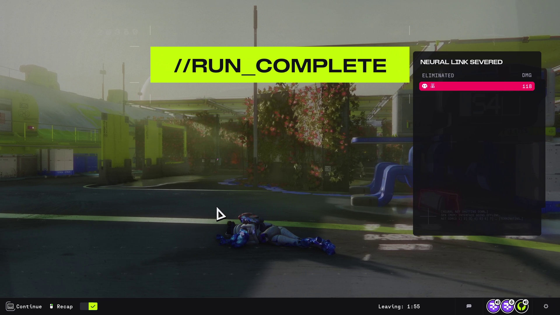 A body lies motionless on the ground, dead. "//RUN_COMPLETE" is written at the top of the screen.