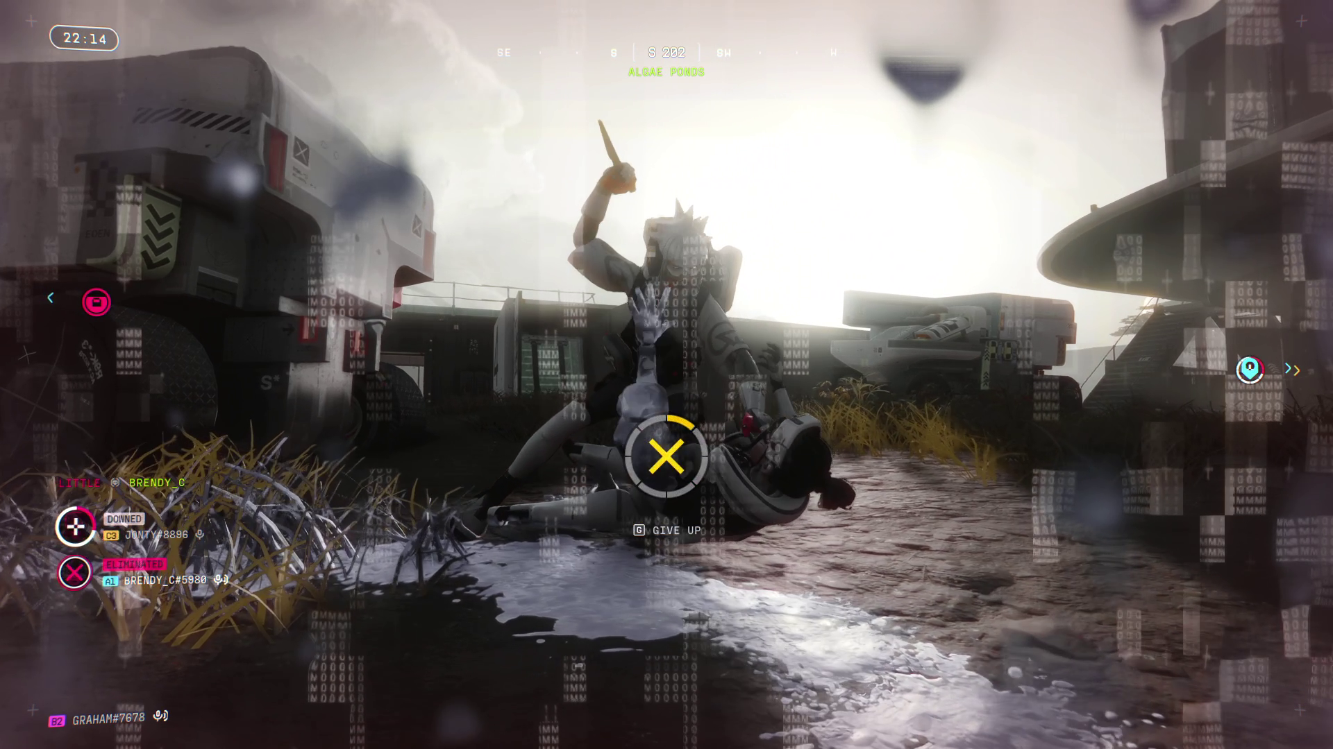 A player is pinned to the ground as another player straddles them, knife held aloft, ready to finish them off.