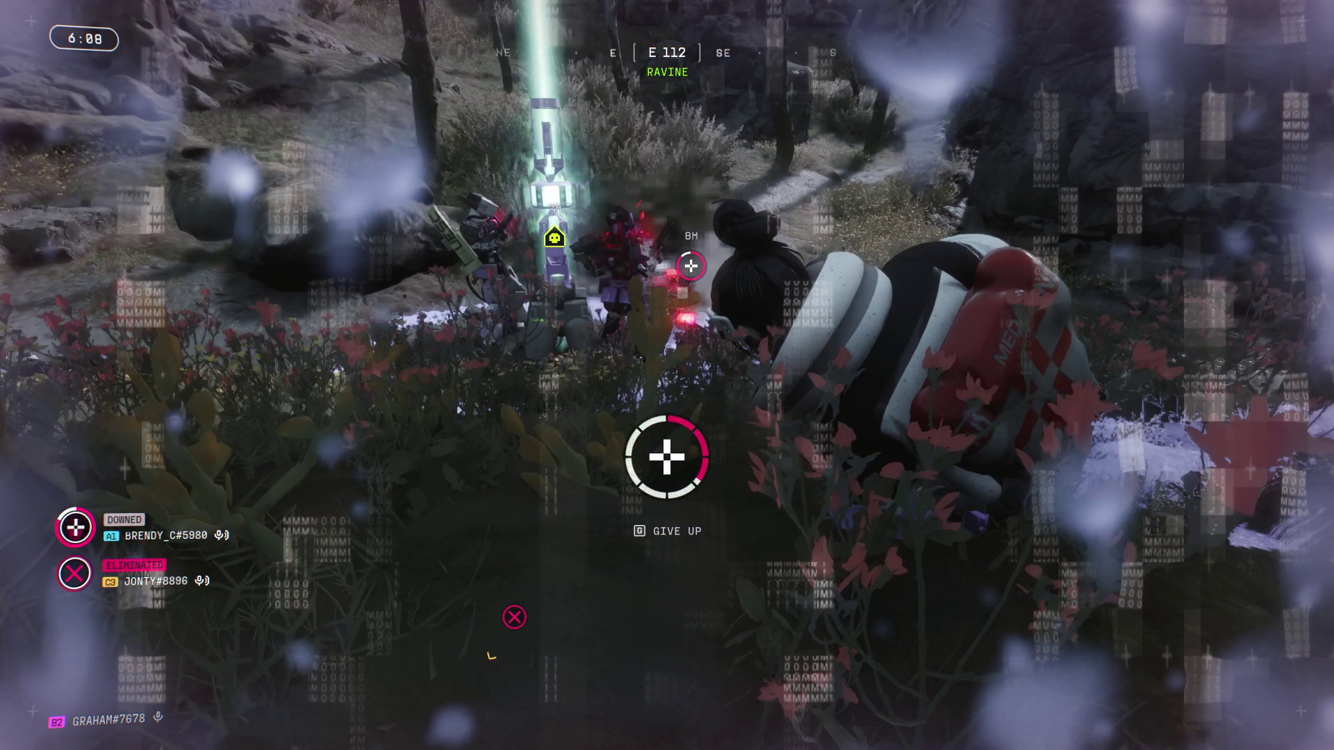 A player lies in tall grass near a lit beacon, shooting a beam into space, as next to it two robots kill another downed player.