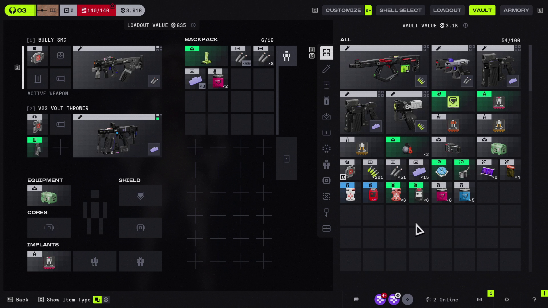 The Marathon inventory screen, showing an inventory stuffed with different guns and small packs.