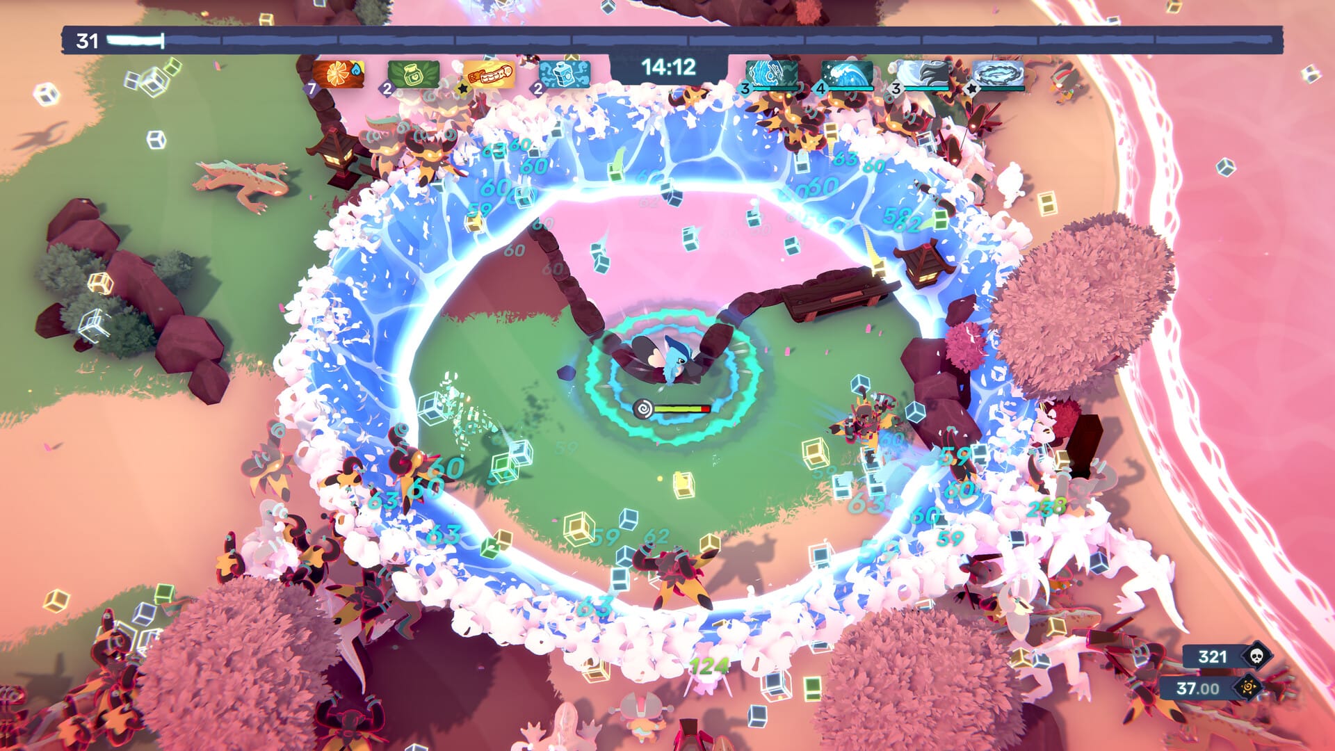 A watery shockwave circles outwards from the player, hitting monsters that surround him, in a land of pink seas and green fields.