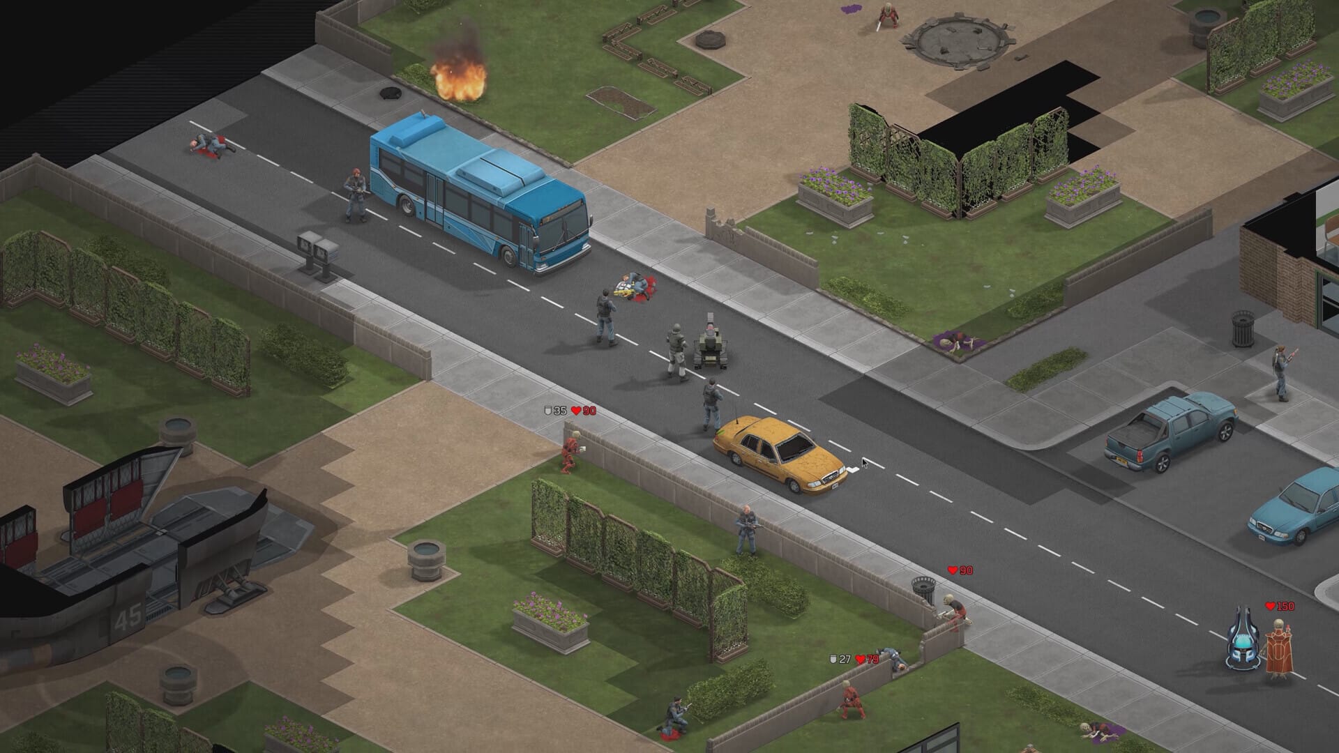 A suburban street with a yellow car and blue bus next to some soldiers. Green grass is visible, some of which is on fire.