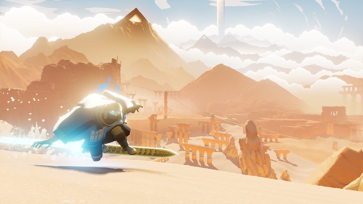 A cloaked figures surfs a sword across the sands of a desert landscape, with a mountain in the background.