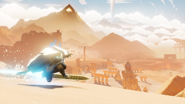 A cloaked figures surfs a sword across the sands of a desert landscape, with a mountain in the background.