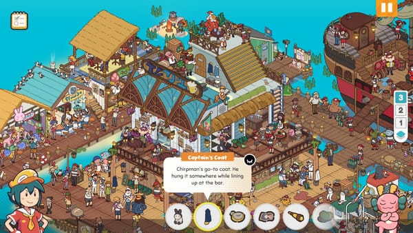 A crowded pier dense with shops, a bar, a ship, and dozens of people, rendered in a colourful orthographic style.