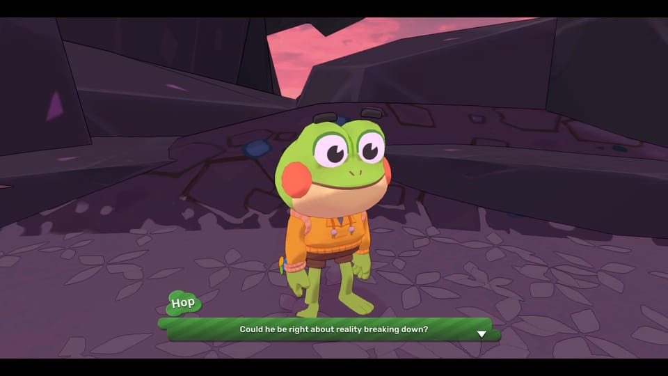 A cute, cartoon, 3D frog stands, wearing a yellow hoodie in a grey world. "Could he be right about reality breaking down?" he asks.