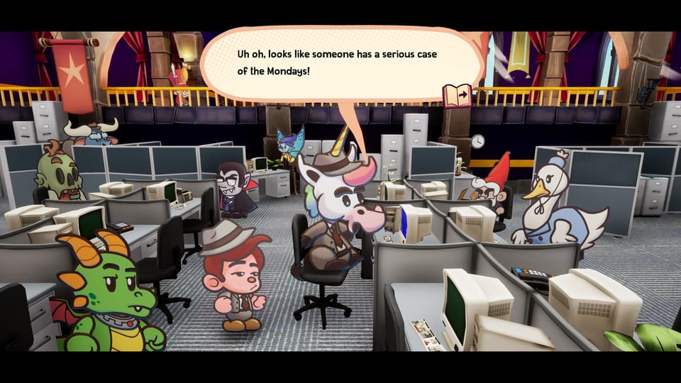 Storybook cut-out characters standing in a drab office. "Uh oh, looks like someone has a serious case of the Mondays!" says a unicorn.