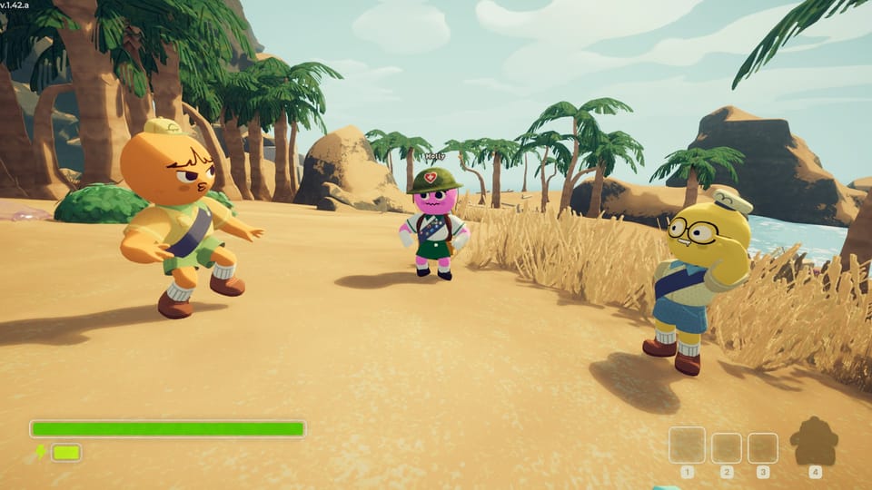 Three Peak players look at each other on the beach, perhaps worryingly.