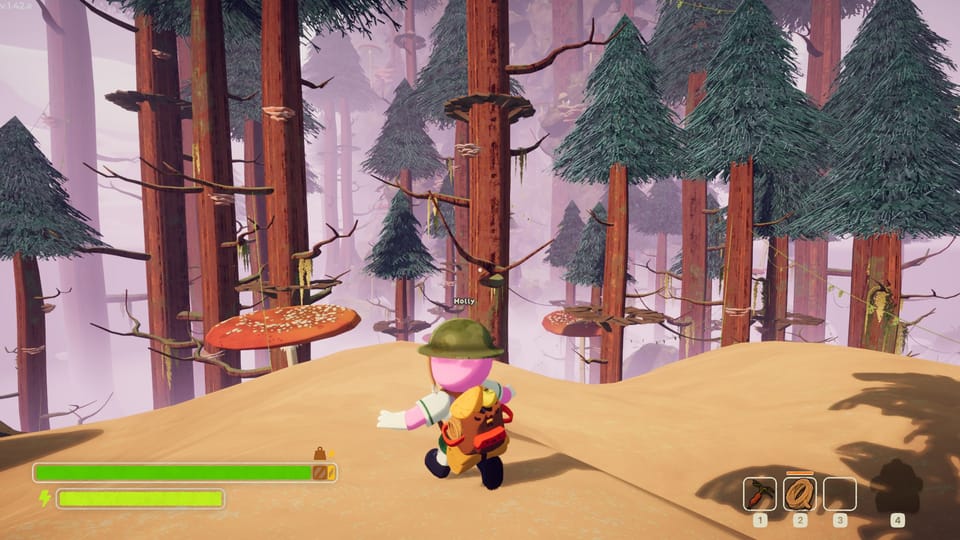 Holly runs toward some towering redwood trees in Peak.