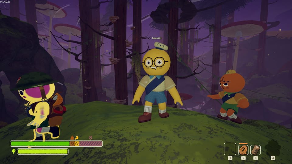 The three Peakers wander over a mossy boulder on the forest floor.