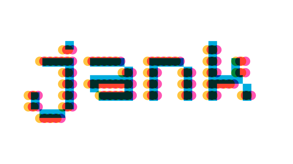 The word "jank" written in a pixel font, overlayed by dozens of colourful circles that each change its colour.