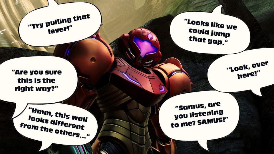 Samus Aran looks at the camera while beset by nagging voices in speech bubbles all around her.