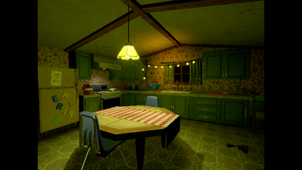 A warm and cosy kitchen on a dark night, rendered in a polygonal, PlayStation 2-era sorta style. 