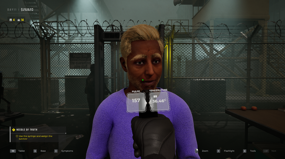 A man being scanned at a quarantine checkpoint. The player's hand holds a scanner showing a pulse of 157 and a temperature of 36.46 degrees.