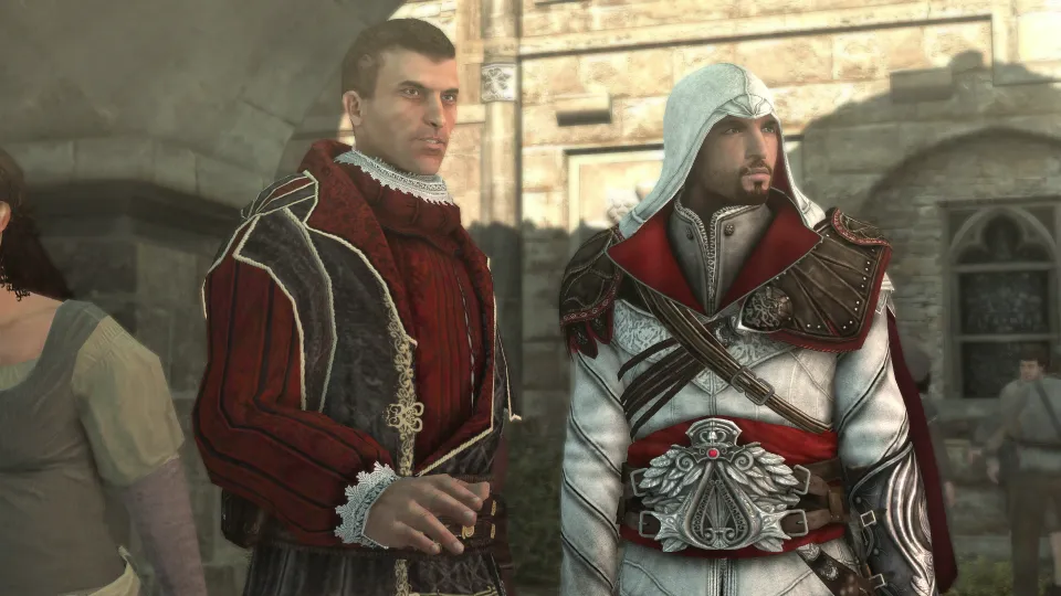 Machiavelli and Ezio stand next to each other.