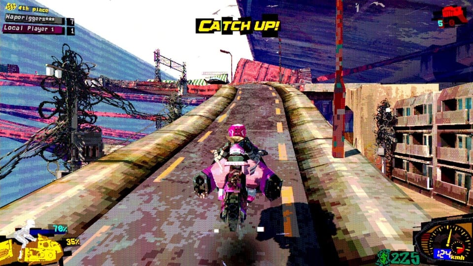 A hoverbike racer zoom on a narrow slipway over a chasm while the game displays a message reading: "Catch up!"
