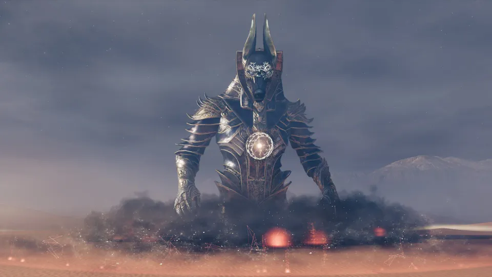 A giant version of the god Anubis rising from the desert in Assassin's Creed Odyssey.