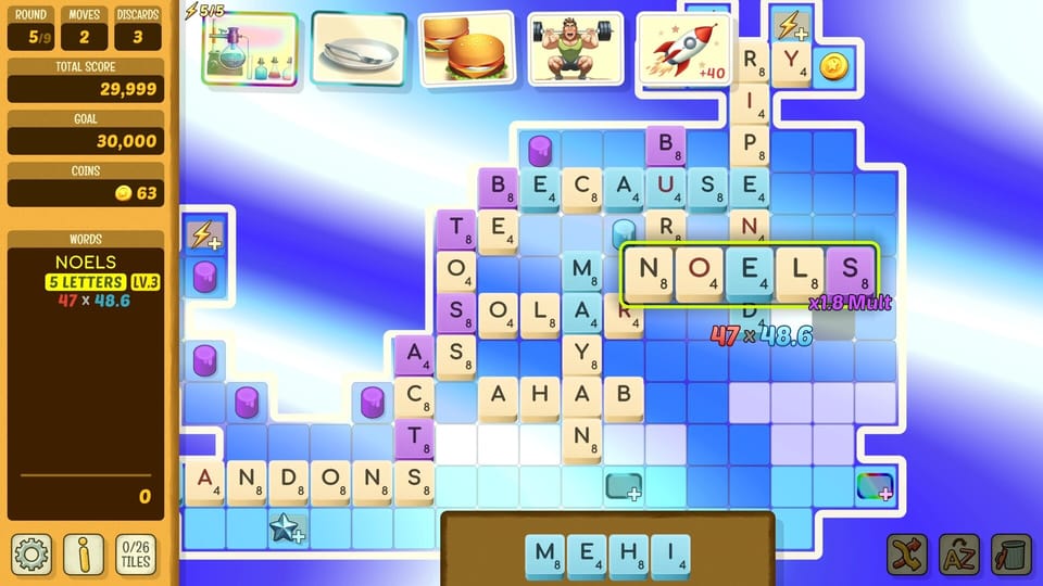 The Beyond Words interface, showing word tiles laid out on the board and NOELS being scored.