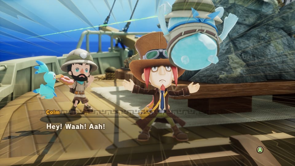 A little blue fellow named Colm yells while being thrown towards a man in a top hat, on a boat.